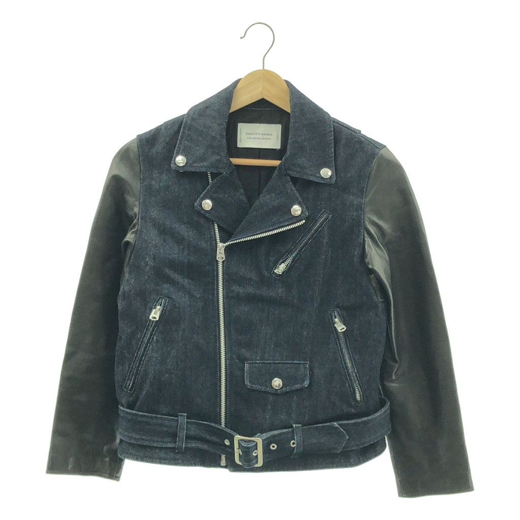 beautiful people / ビューティフルピープル | デニム レザー 切替 ダブルライダースジャケット | 150 | インディゴ/ブラック | レディース