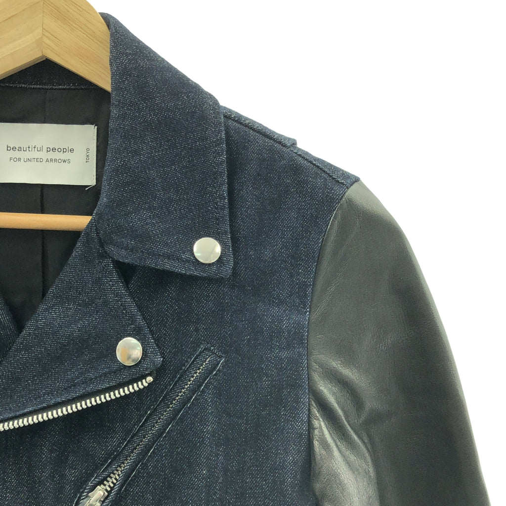 beautiful people / ビューティフルピープル | デニム レザー 切替 ダブルライダースジャケット | 150 | インディゴ/ブラック | レディース