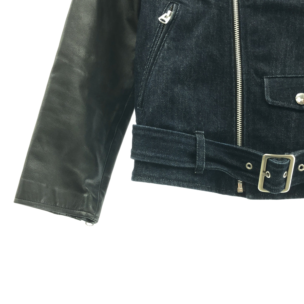 beautiful people / ビューティフルピープル | デニム レザー 切替 ダブルライダースジャケット | 150 | インディゴ/ブラック | レディース