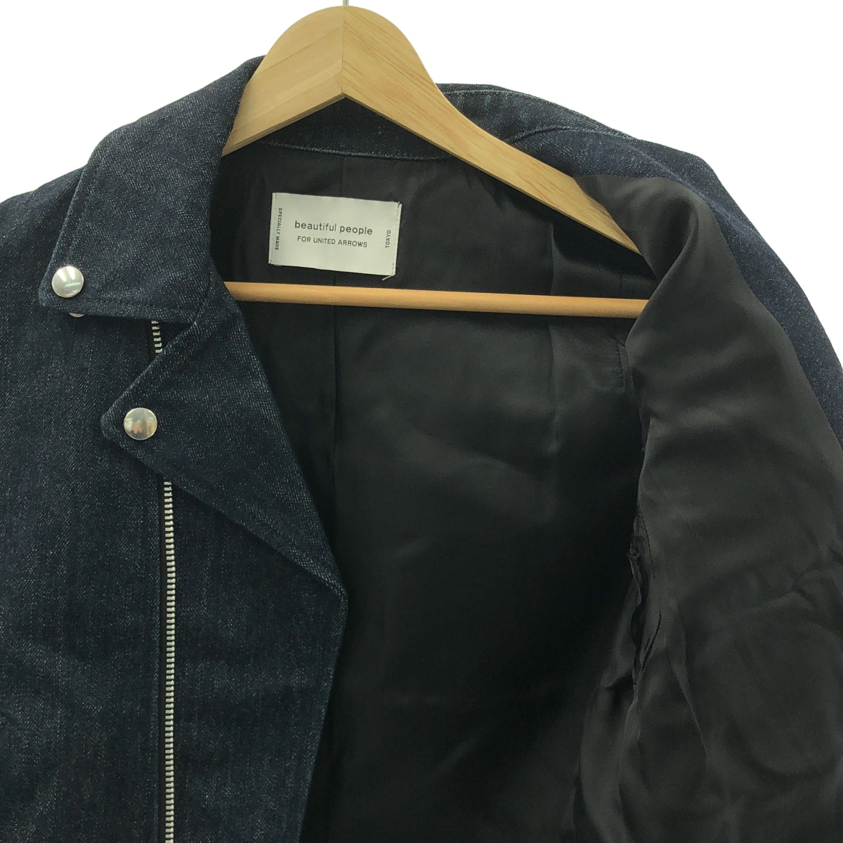 beautiful people / ビューティフルピープル | デニム レザー 切替 ダブルライダースジャケット | 150 | インディゴ/ブラック | レディース