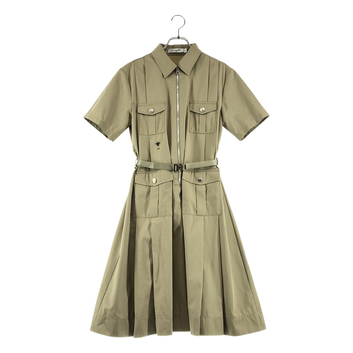 Christian Dior / クリスチャンディオール | コットン Bee刺しゅう プリーツ ベルテット ジップアップ 半袖ワンピース | 36 | レディース