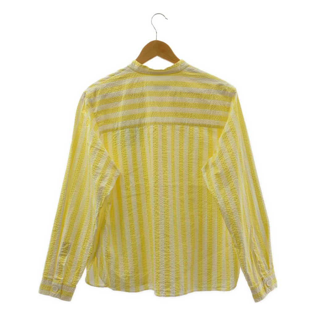 MAISON KITSUNE / メゾンキツネ | ストライプ シアサッカー ロゴ スタンドカラー シャツ ブラウス | 38 | イエロー/ホワイト | レディース