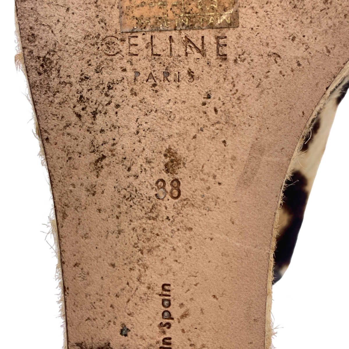 CELINE | 豹紋馬尾中央拉鍊坡跟涼鞋 | 38 碼 | 米色/棕色 | 女款