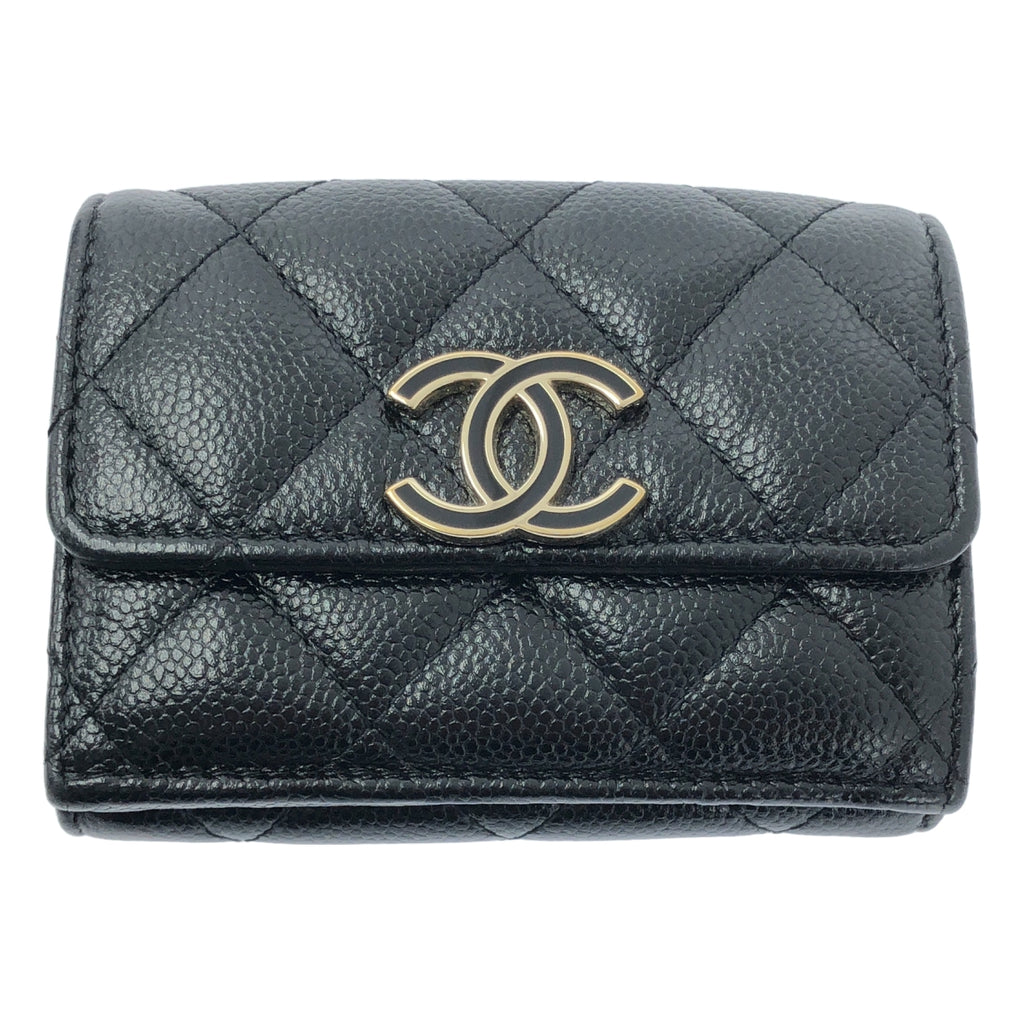 【美品】  CHANEL / シャネル | マトラッセ ココマーク キャビアスキン コンパクトウォレット 3つ折り財布 | ブラック | レディース
