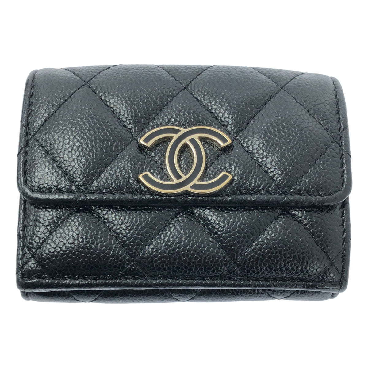 【美品】  CHANEL / シャネル | マトラッセ ココマーク キャビアスキン コンパクトウォレット 3つ折り財布 | ブラック | レディース