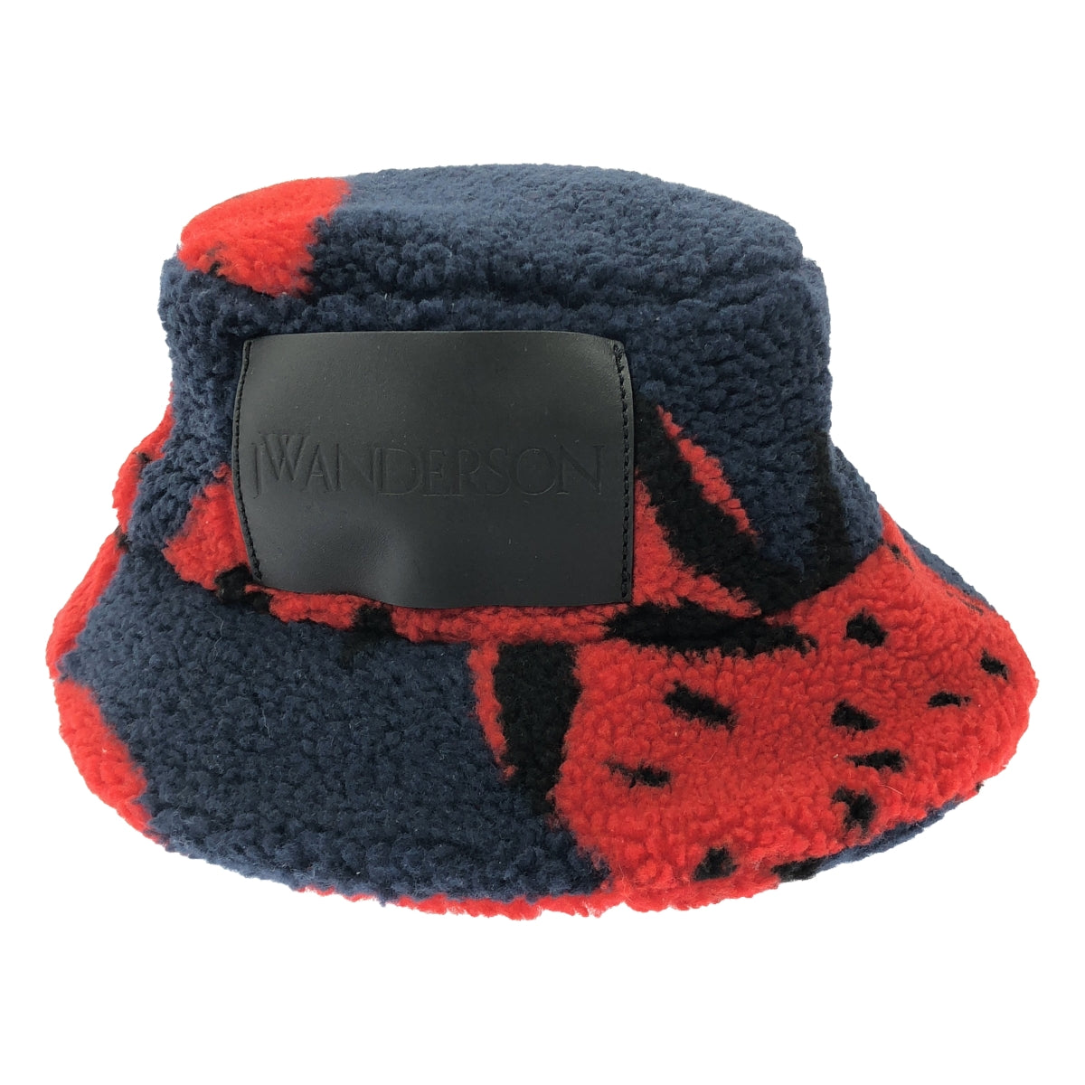 【美品】  JW Anderson / ジェイダブルアンダーソン | レザーロゴパッチ ストロベリープリント ボア バケットハット 帽子 / ユニセックス | 56 | ネイビー/レッド | レディース