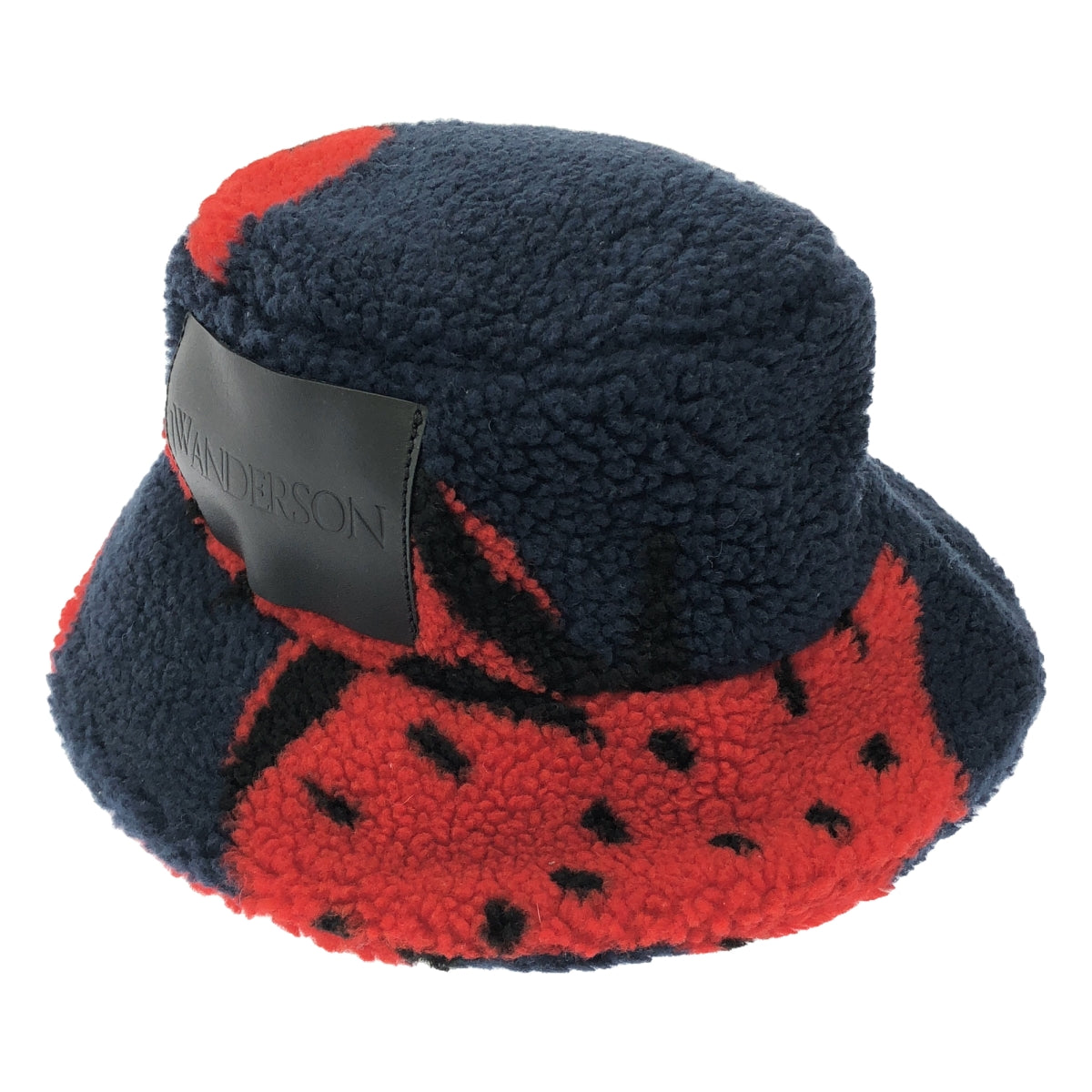 【美品】  JW Anderson / ジェイダブルアンダーソン | レザーロゴパッチ ストロベリープリント ボア バケットハット 帽子 / ユニセックス | 56 | ネイビー/レッド | レディース
