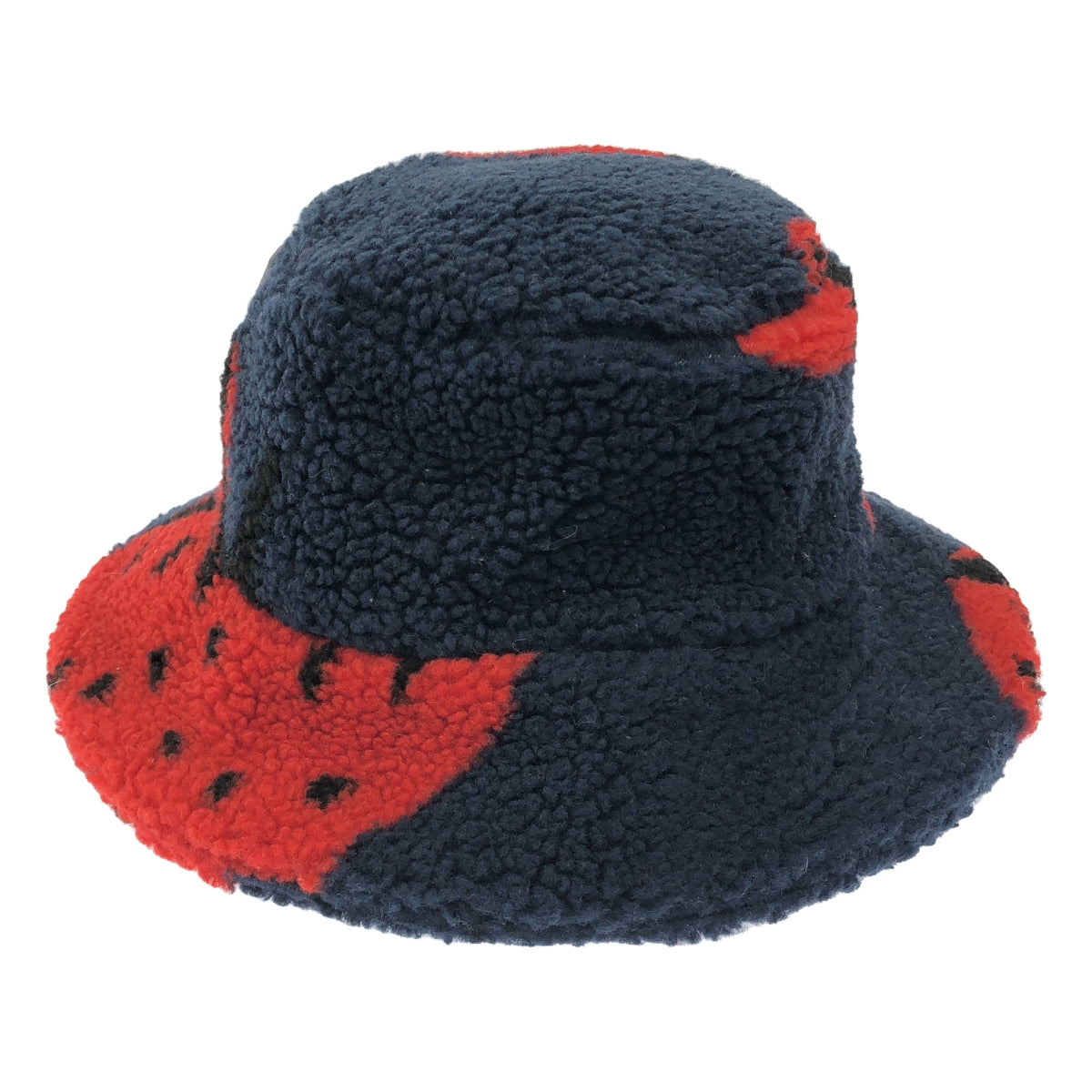 【美品】  JW Anderson / ジェイダブルアンダーソン | レザーロゴパッチ ストロベリープリント ボア バケットハット 帽子 / ユニセックス | 56 | ネイビー/レッド | レディース
