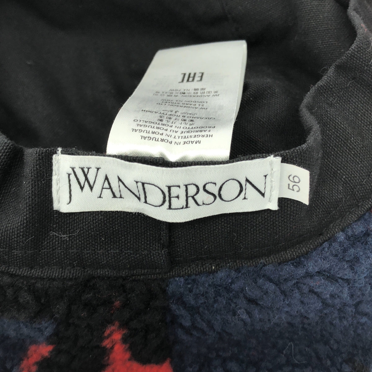 【美品】  JW Anderson / ジェイダブルアンダーソン | レザーロゴパッチ ストロベリープリント ボア バケットハット 帽子 / ユニセックス | 56 | ネイビー/レッド | レディース