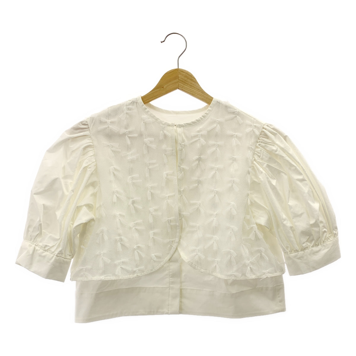 HIAND | 兩用中心薄紗襯衫 / 蕾絲裝飾褶袖襯衫/女式襯衫 | F 碼 | 女款