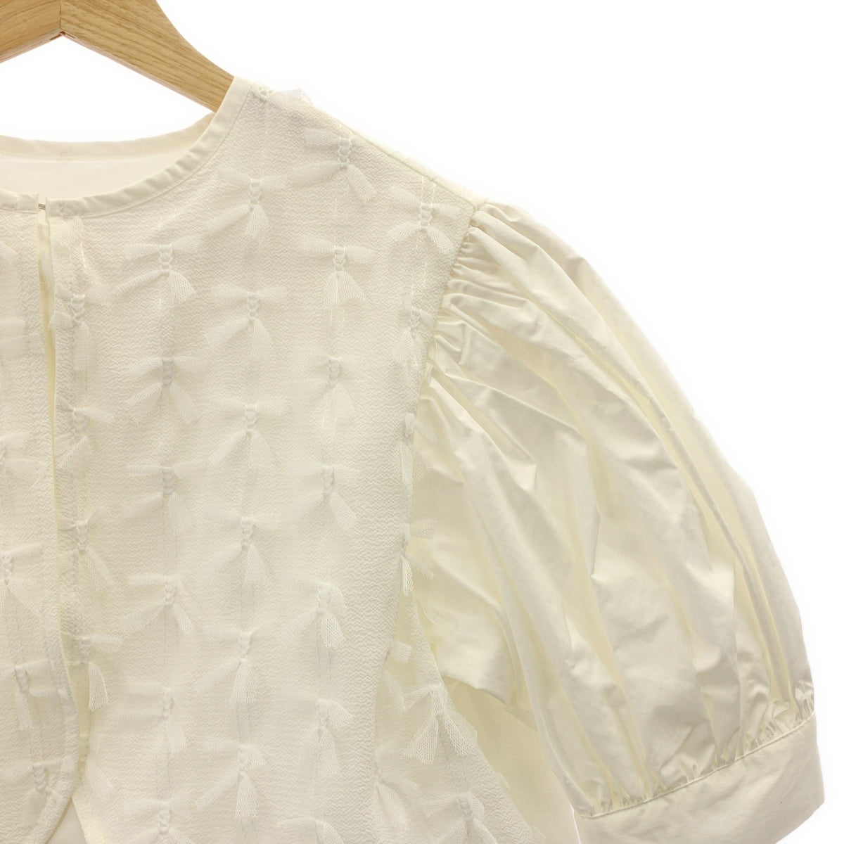 HIAND | 兩用中心薄紗襯衫 / 蕾絲裝飾褶袖襯衫/女式襯衫 | F 碼 | 女款