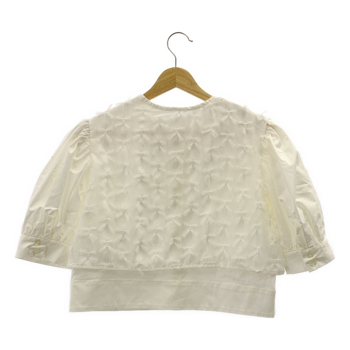 HIAND | 兩用中心薄紗襯衫 / 蕾絲裝飾褶袖襯衫/女式襯衫 | F 碼 | 女款