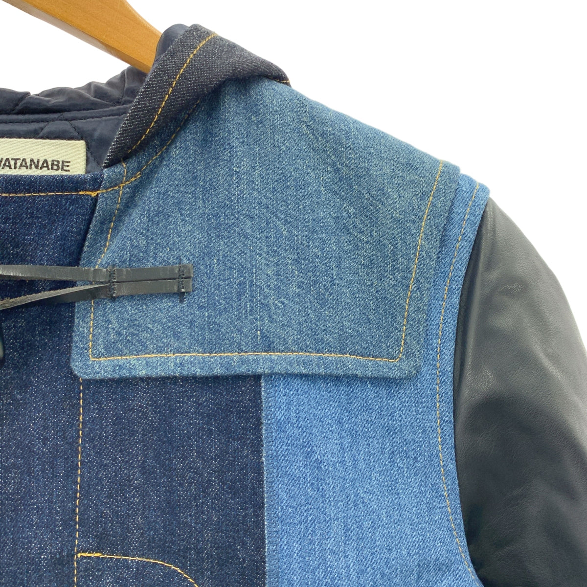 JUNYA WATANABE COMME des GARCONS / ジュンヤワタナベ | 2016AW | パッチワーク デニム レザー切替 キルティング ダッフルコート | S | インディゴ / ブラック | レディース