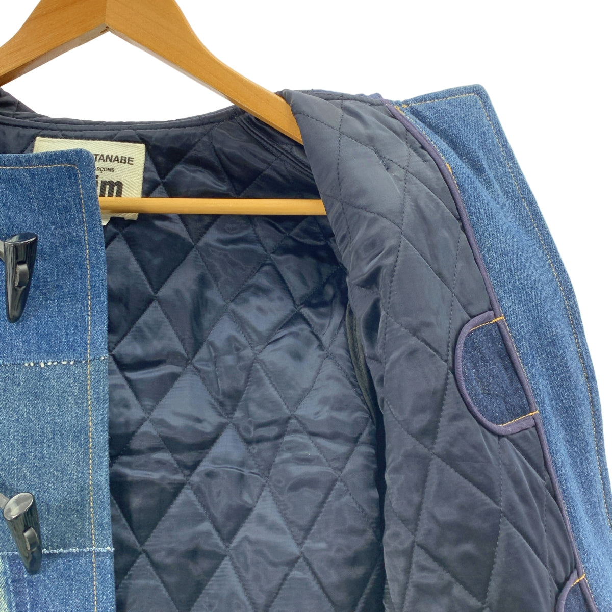 JUNYA WATANABE COMME des GARCONS / ジュンヤワタナベ | 2016AW | パッチワーク デニム レザー切替 キルティング ダッフルコート | S | インディゴ / ブラック | レディース