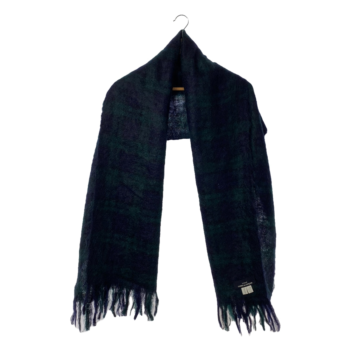 【美品】  tricot COMME des GARCONS / トリココムデギャルソン | モヘヤ混 チェック フリンジマフラー | グリーン/ネイビー | レディース