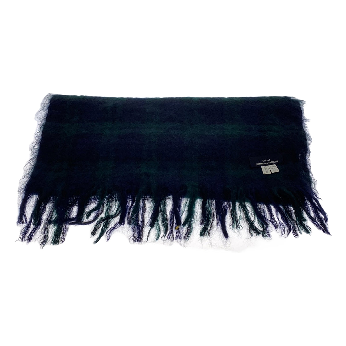 【美品】  tricot COMME des GARCONS / トリココムデギャルソン | モヘヤ混 チェック フリンジマフラー | グリーン/ネイビー | レディース