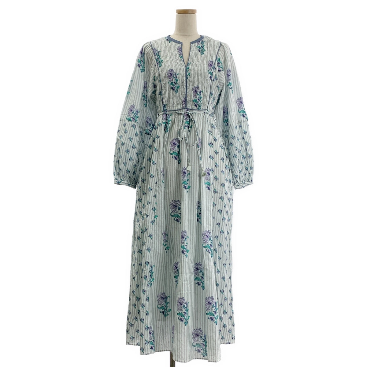 [新產品] ne Quittez pas | 2025 春夏系列 | 棉質提花百合印花褶皺洋裝 | M碼 | 灰色/白色 | 女款