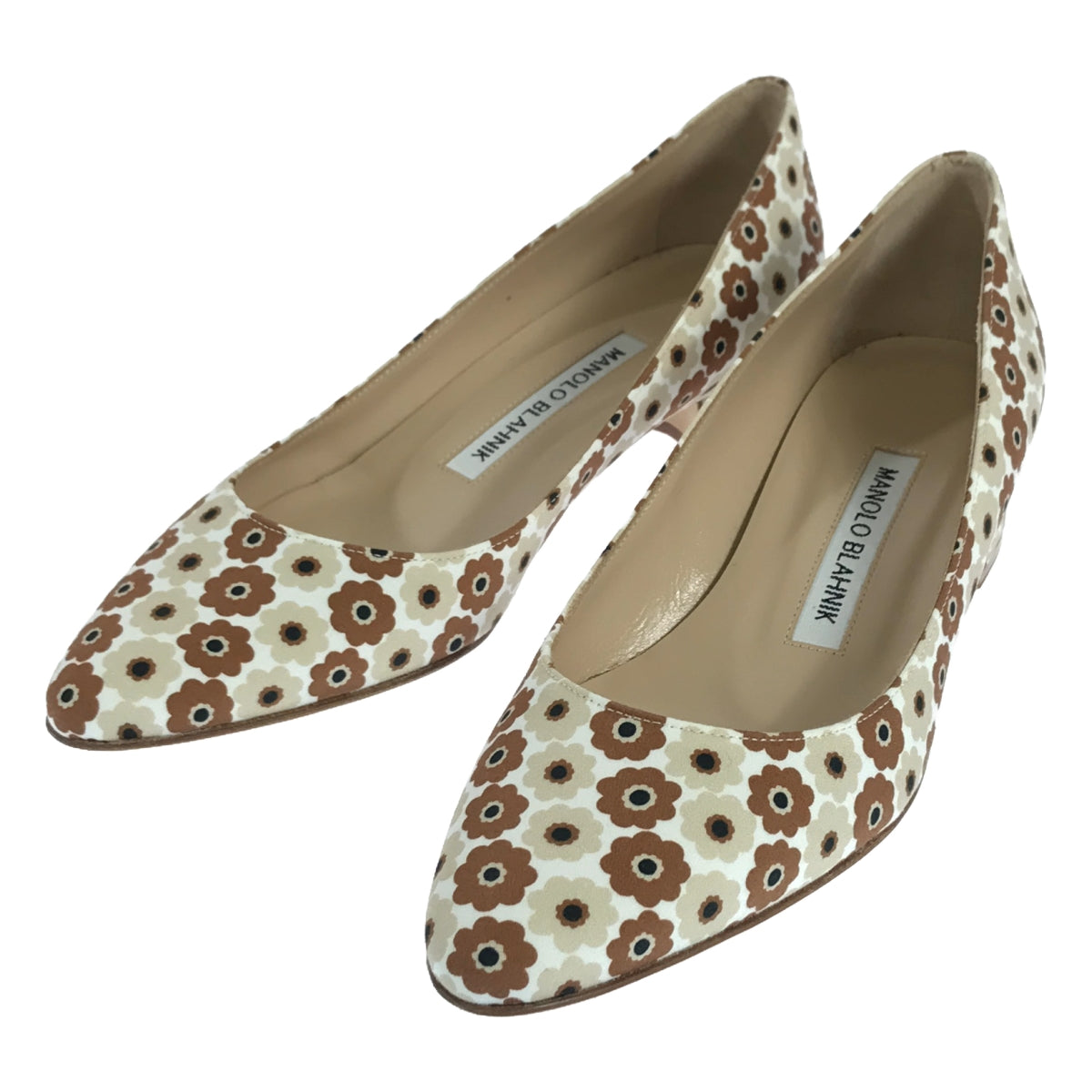 [狀況良好] MANOLO BLAHNIK |抽屜專屬花卉高跟鞋 |尺寸 35 |米色/棕色|女性的