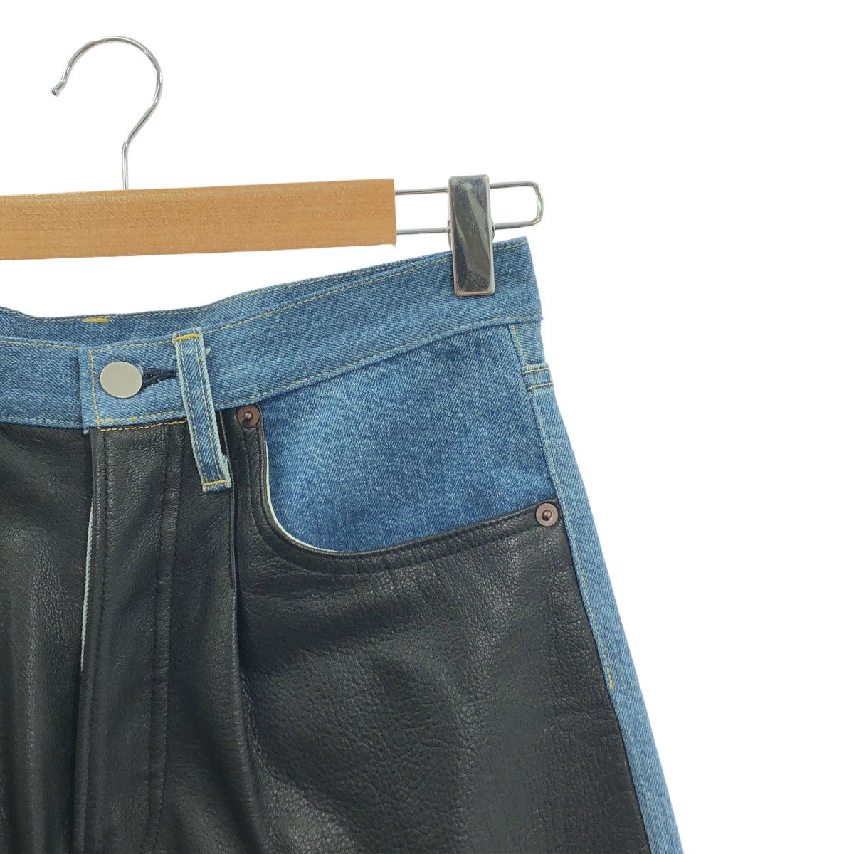 【美品】  stein / シュタイン | 2023SS | LEATHER COMBINATION VINTAGE DENIM JEANS / ゴートレザー コンビネーション セルビッチ デニムパンツ | S | インディゴ/ブラック | メンズ