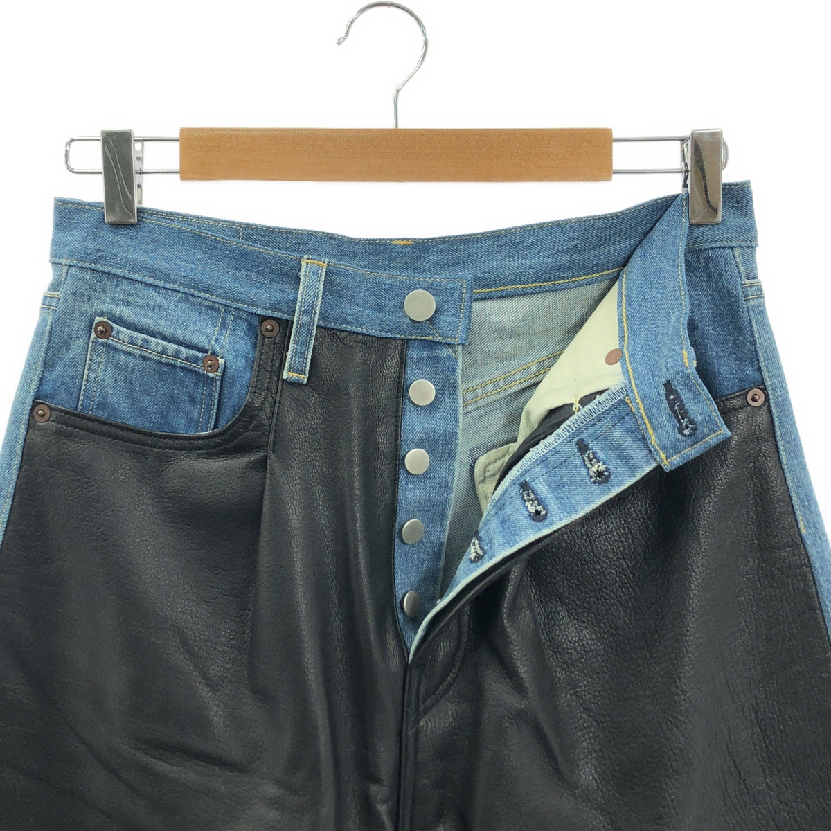 【美品】  stein / シュタイン | 2023SS | LEATHER COMBINATION VINTAGE DENIM JEANS / ゴートレザー コンビネーション セルビッチ デニムパンツ | S | インディゴ/ブラック | メンズ