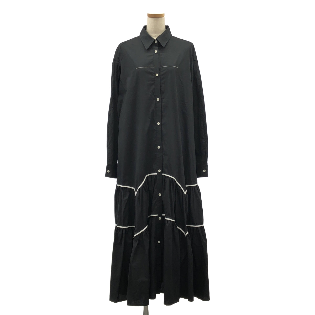【美品】  RUMCHE / ラム・シェ | Piping Gathered Shirt Dress / ポケット付き ギャザー ボリューム シャツワンピース | F | ブラック | レディース