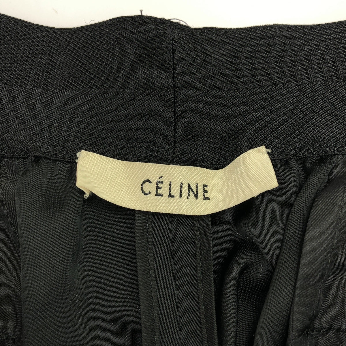 CELINE / セリーヌ | フィービー期 ウール レーヨン 異素材 切替 裾ジップ センタープレス スラックス パンツ | 42 | ブラック/ダークネイビー系 | レディース