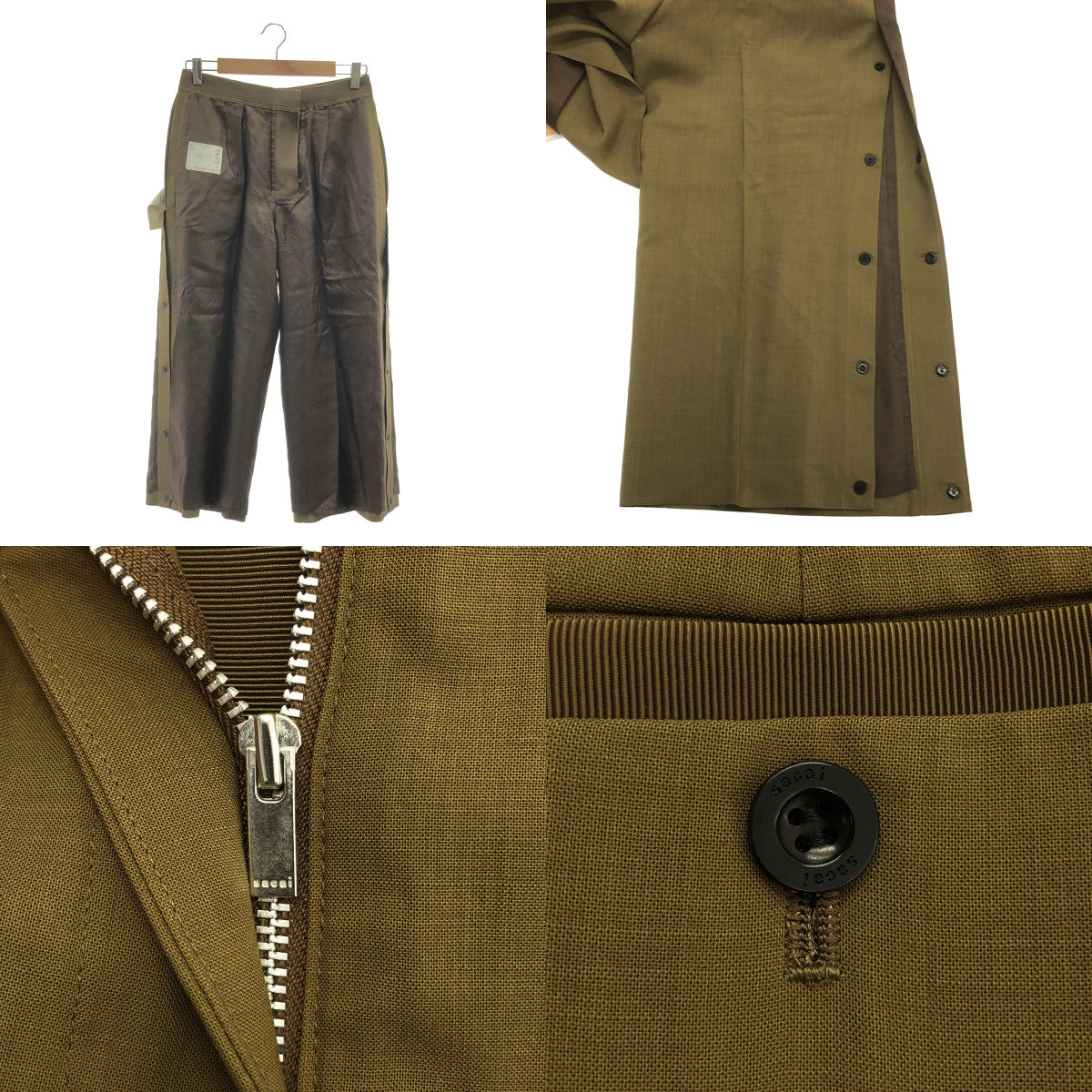 【美品】  sacai / サカイ | 2021AW | サイドライン 裾ボタン スリット タック ワイド スラックス パンツ / 総裏地 | 2 | ブラウン | レディース