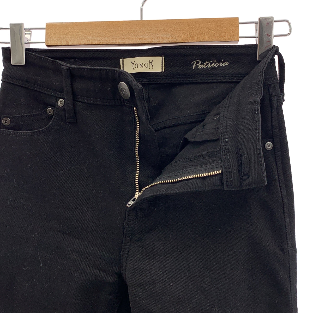 YANUK / ヤヌーク | ロゴレザーパッチ ストレッチ スキニー パンツ | 24 | ブラック | レディース