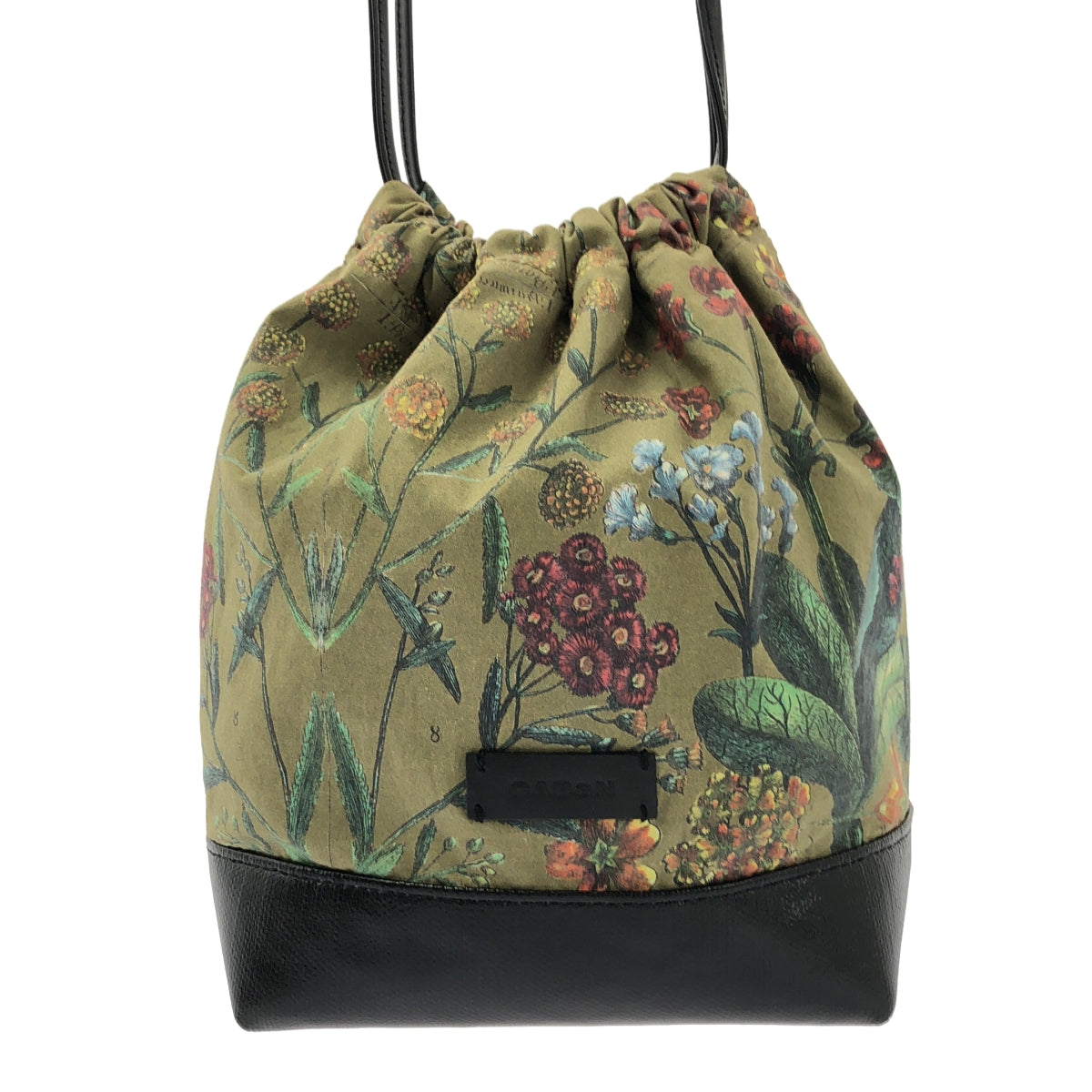 【美品】  CABaN / キャバン | 総柄 フラワー ロゴレザーパッチ ドローストリング バッグ ポーチ | カーキ系 | レディース
