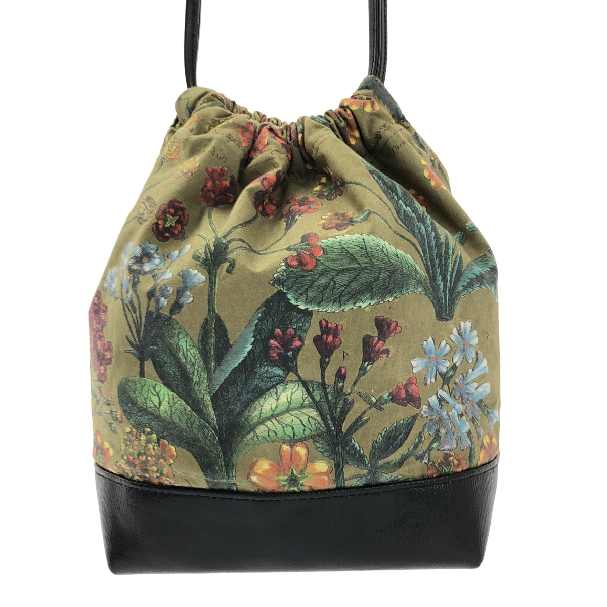 【美品】  CABaN / キャバン | 総柄 フラワー ロゴレザーパッチ ドローストリング バッグ ポーチ | カーキ系 | レディース