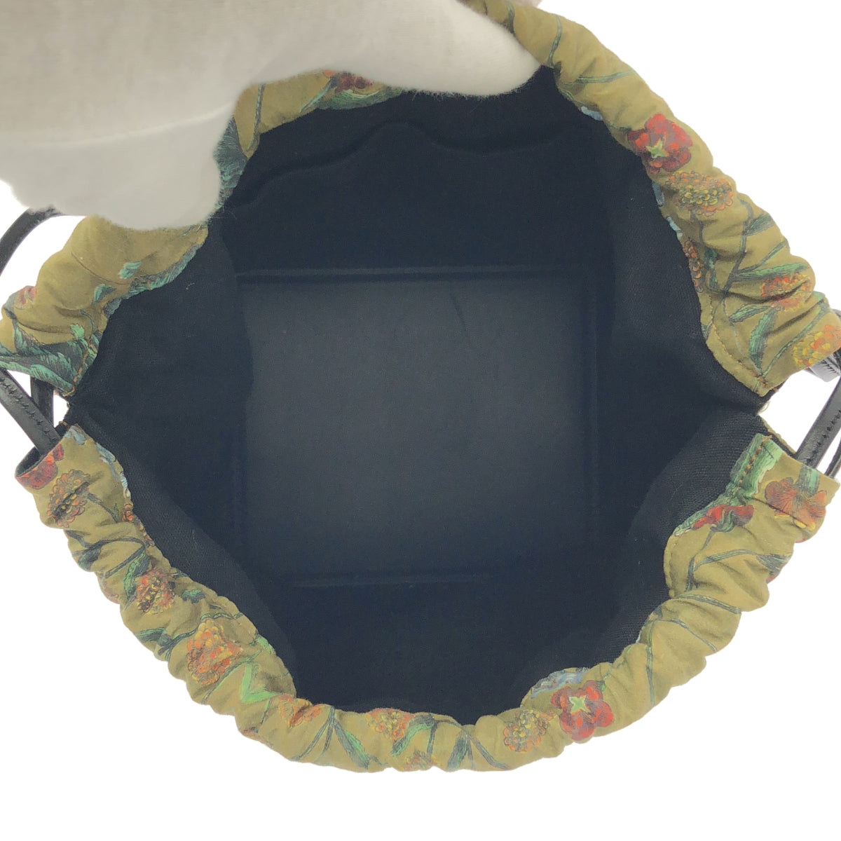 【美品】  CABaN / キャバン | 総柄 フラワー ロゴレザーパッチ ドローストリング バッグ ポーチ | カーキ系 | レディース