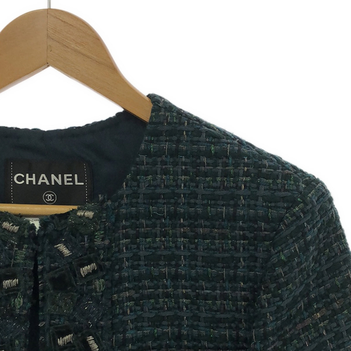 【美品】  CHANEL / シャネル | ウールツイード コサージュ装飾 ノーカラー ショートジャケット | 36 | グリーン | レディース