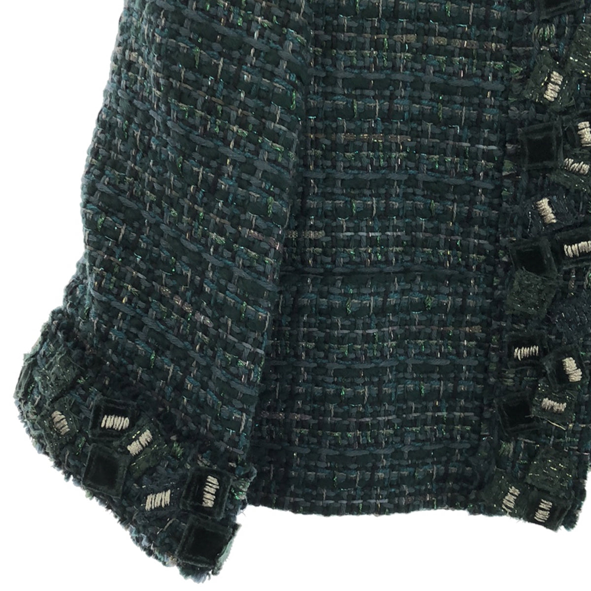 【美品】  CHANEL / シャネル | ウールツイード コサージュ装飾 ノーカラー ショートジャケット | 36 | グリーン | レディース