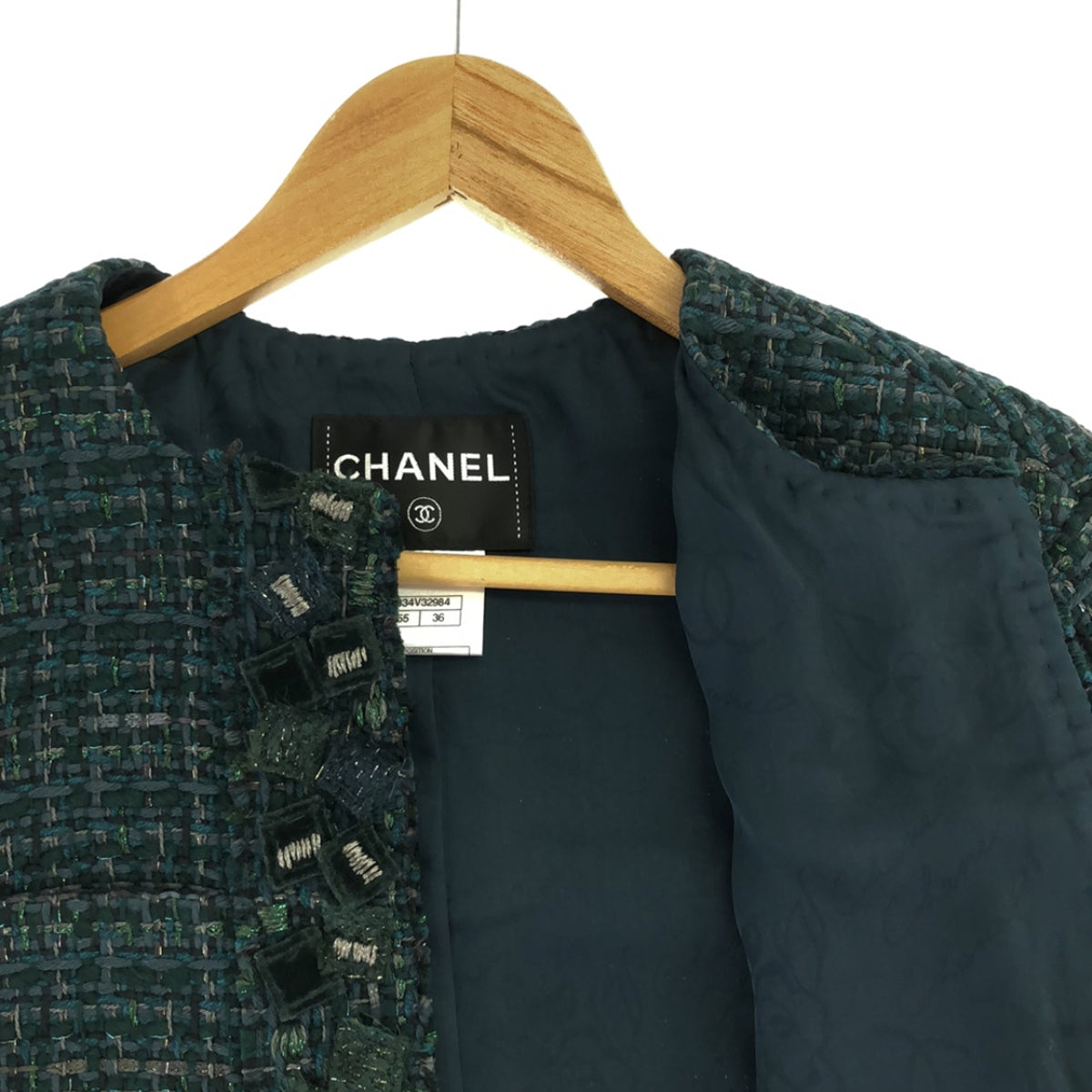 [Beautiful Condition] CHANEL | Wool Tweed Corsage Decoration No Collar Short Jacket | Size 36 | Green | Women's