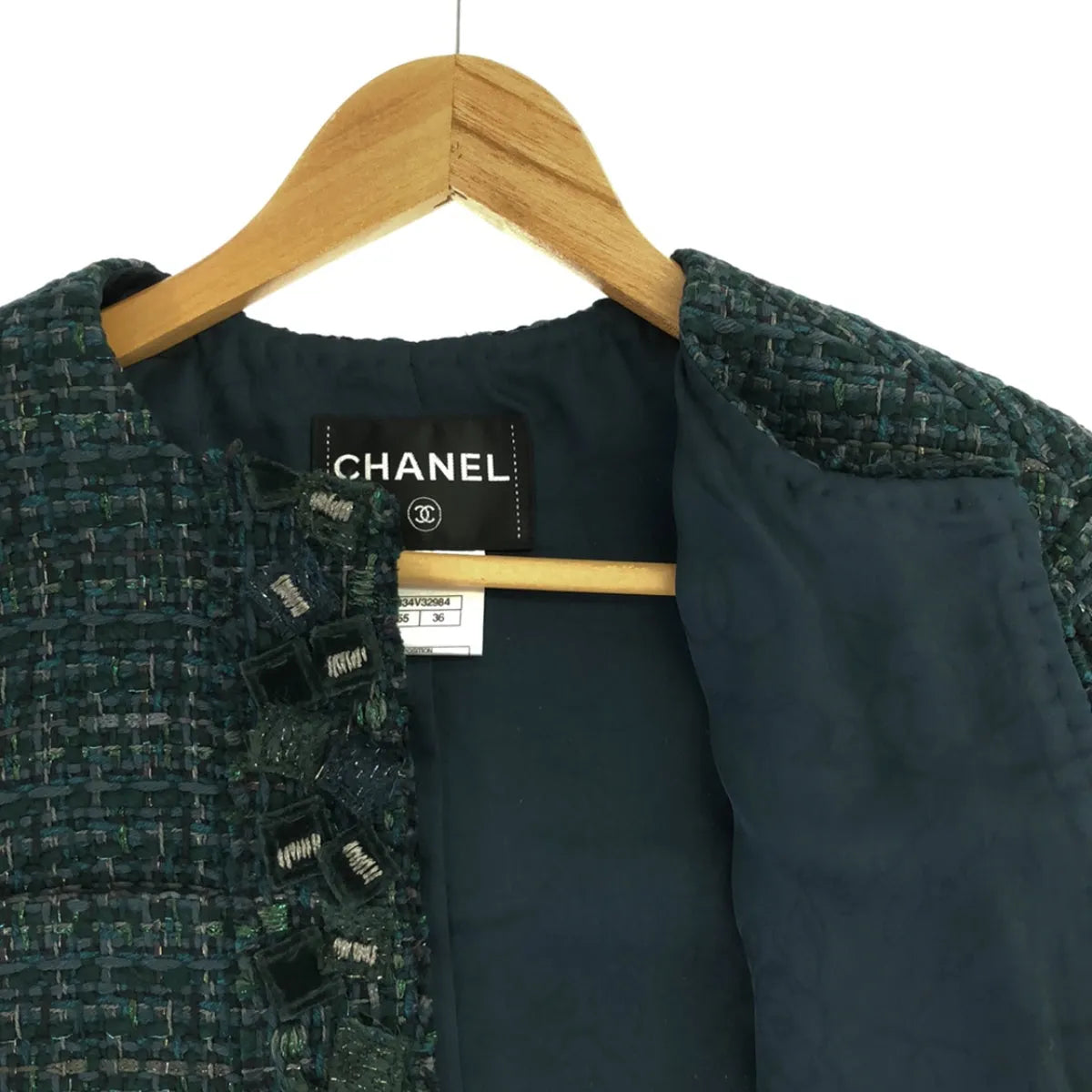 【미품】 CHANEL / 샤넬 | 울 트위드 코사지 장식 노 컬러 쇼트 재킷 | 36 | 그린 | 여성