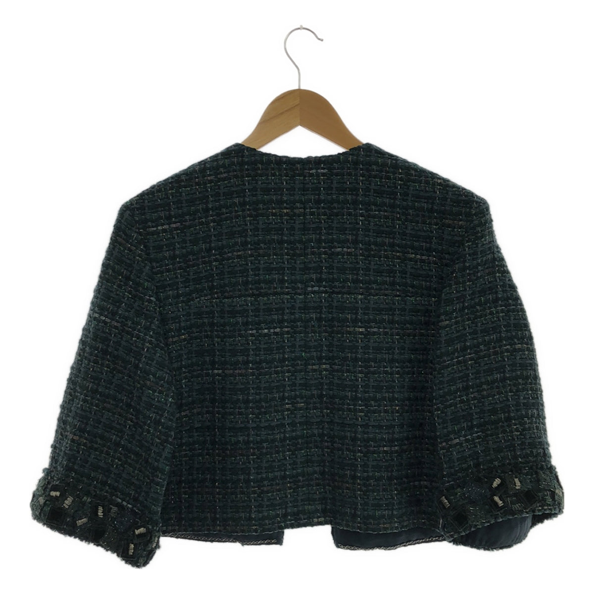 【美品】  CHANEL / シャネル | ウールツイード コサージュ装飾 ノーカラー ショートジャケット | 36 | グリーン | レディース