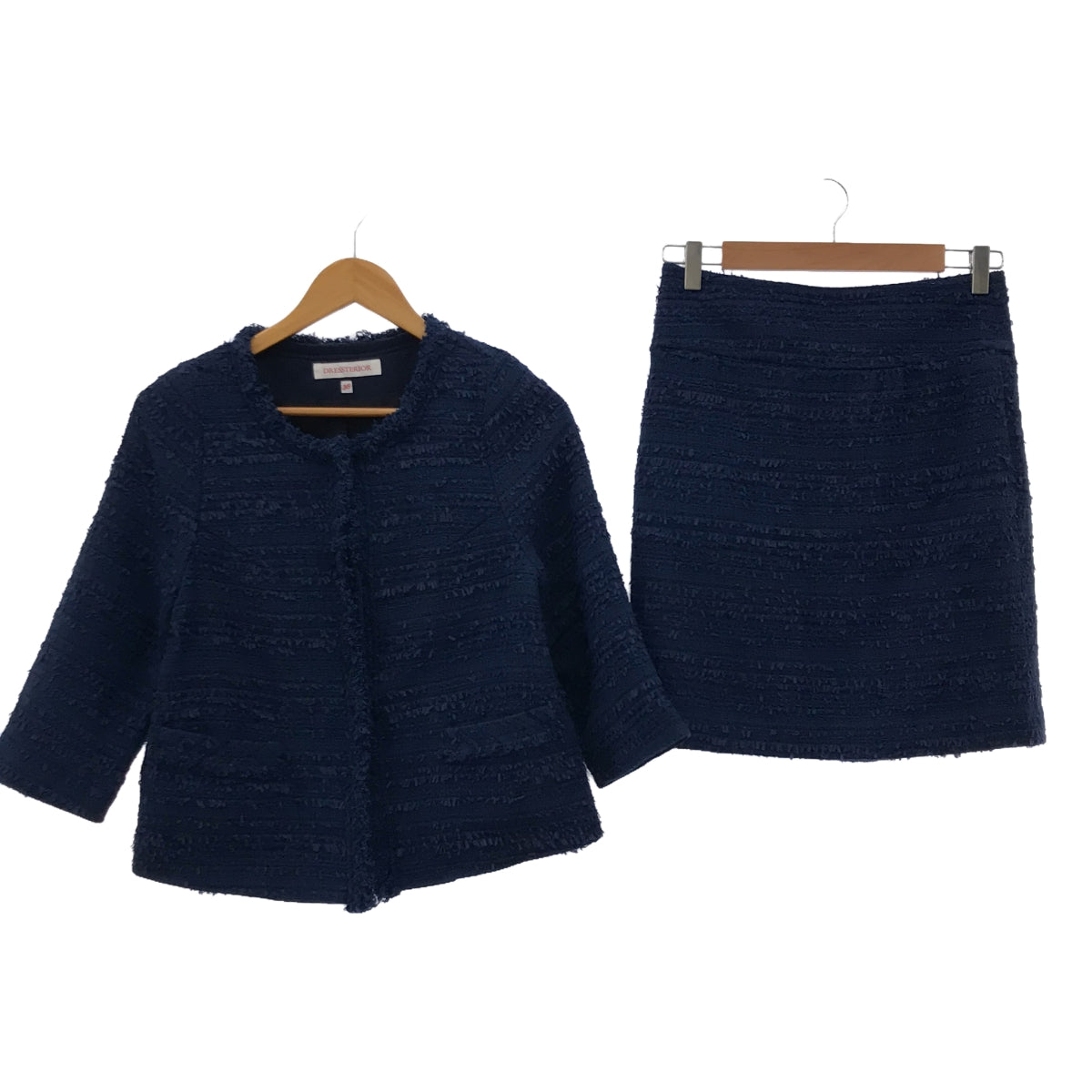 DRESSTERIOR | Tweed set-up with no-collar jacket and back-zip skirt | Size 38 | Navy