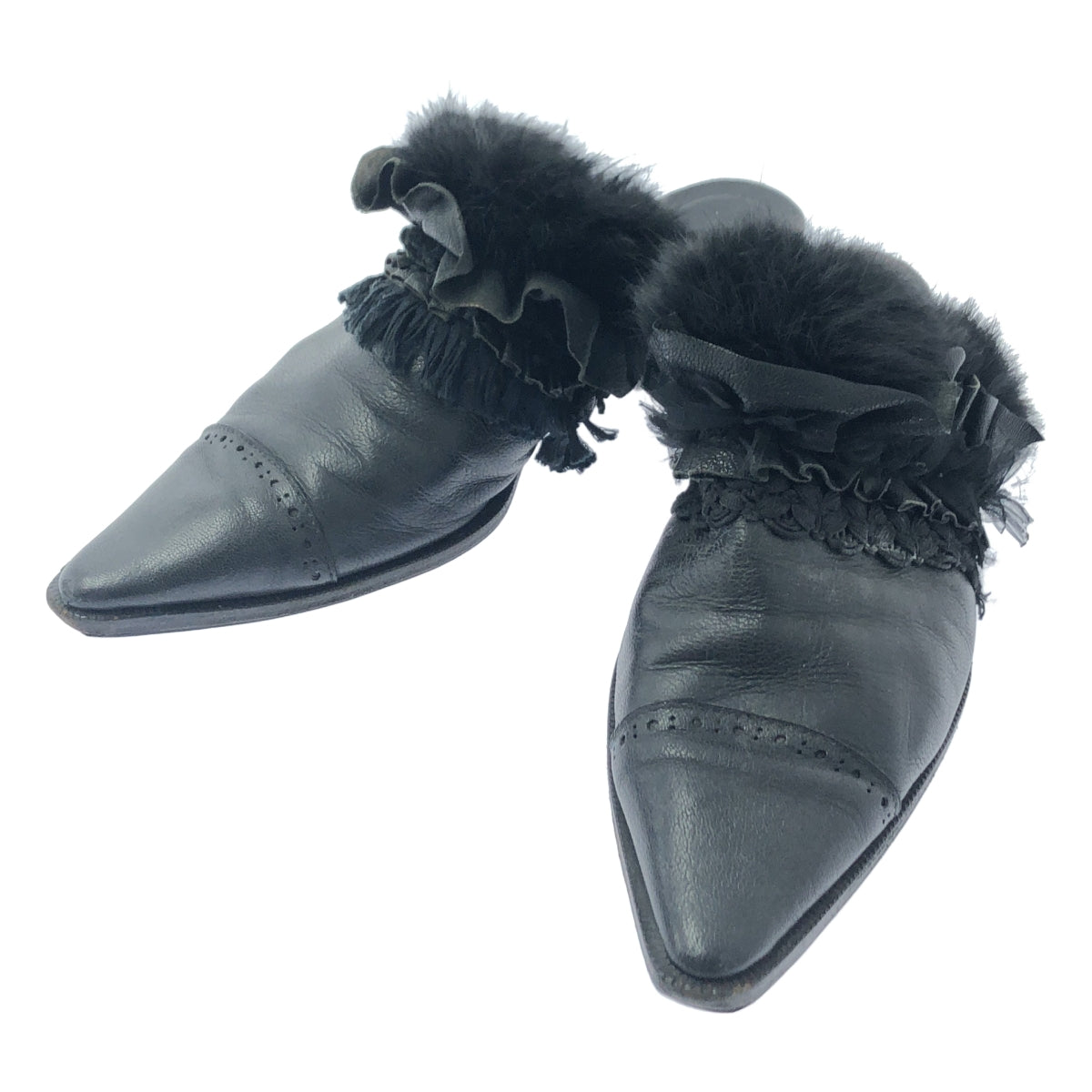 JUCO / 주코 | 비대칭 모피 프릴 가죽 샌들 | L | 블랙 | 여성