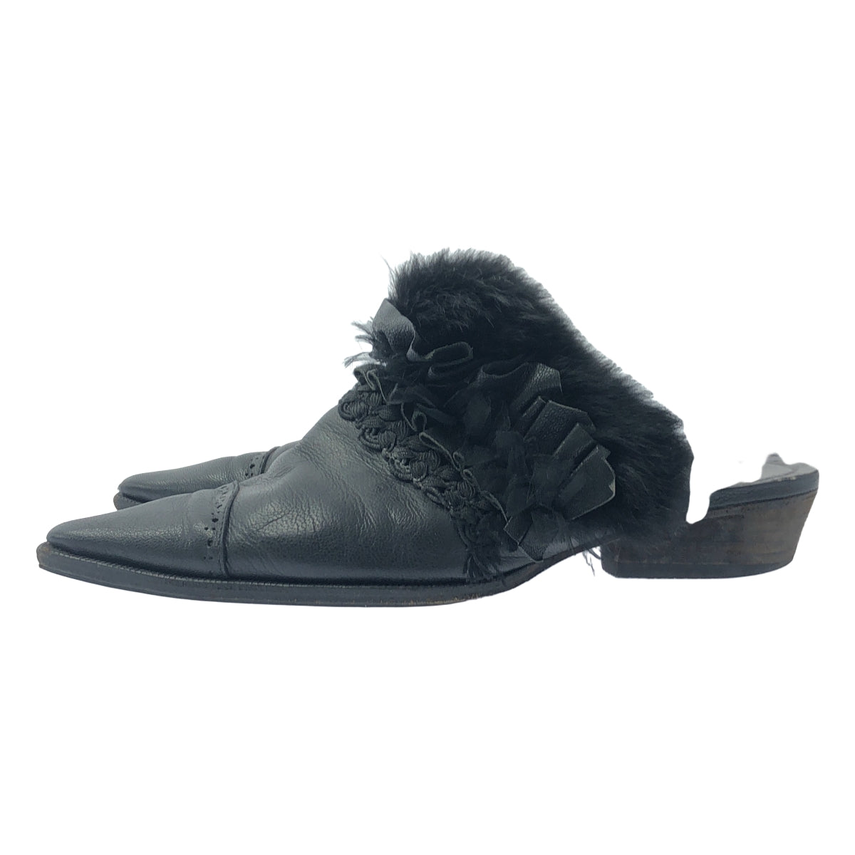 JUCO / 주코 | 비대칭 모피 프릴 가죽 샌들 | L | 블랙 | 여성