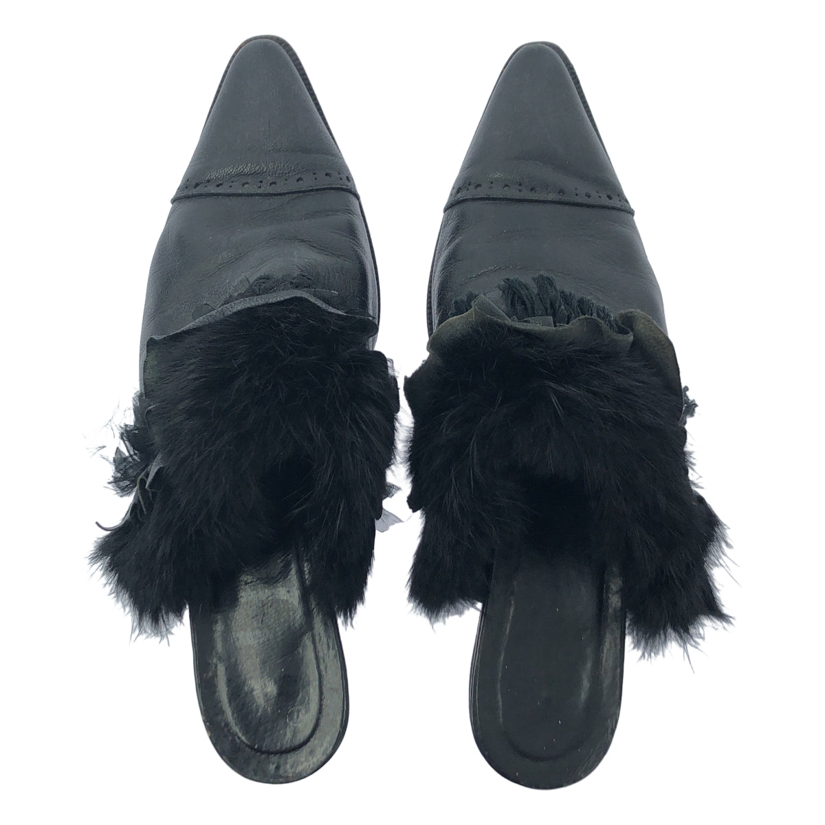 JUCO / 주코 | 비대칭 모피 프릴 가죽 샌들 | L | 블랙 | 여성