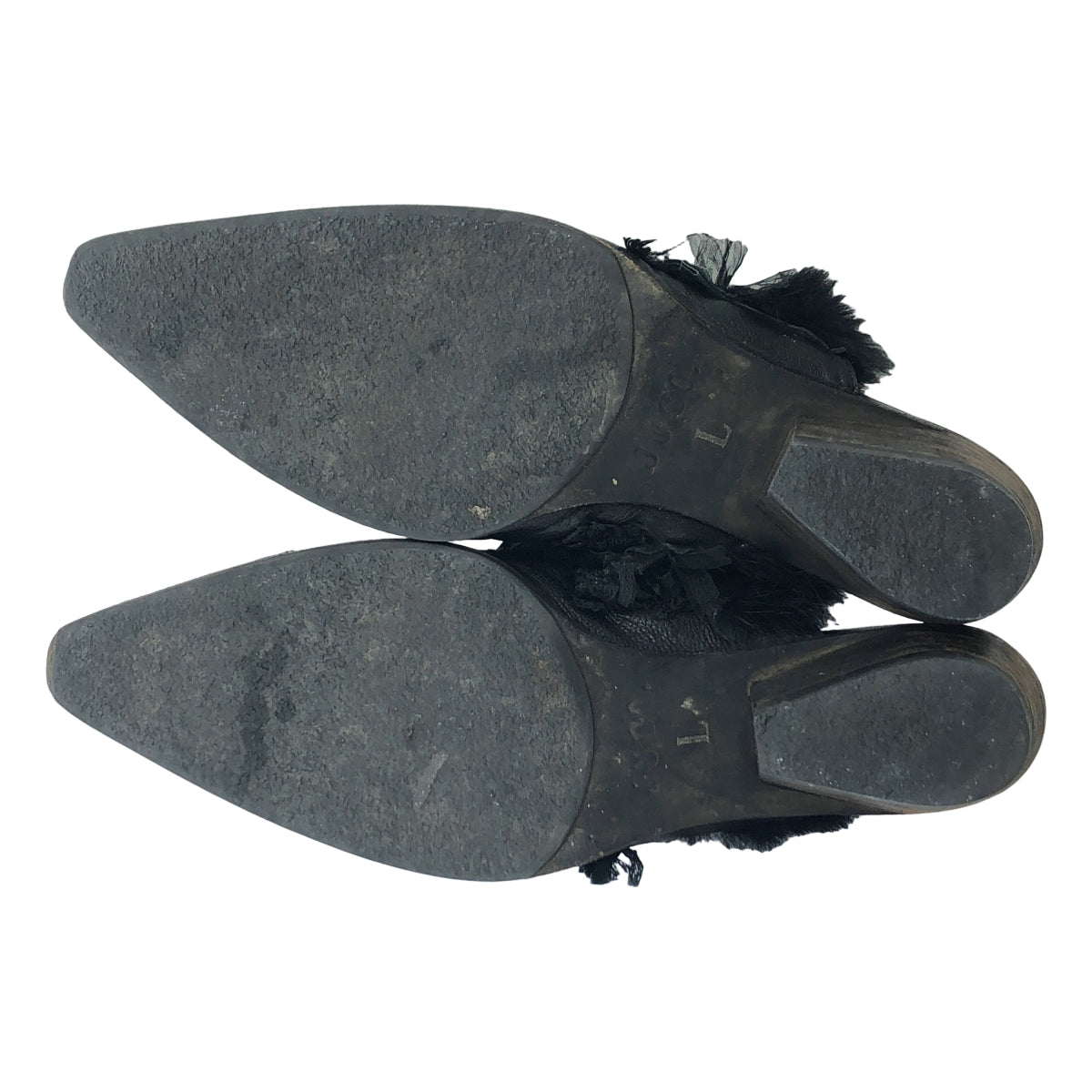 JUCO / 주코 | 비대칭 모피 프릴 가죽 샌들 | L | 블랙 | 여성