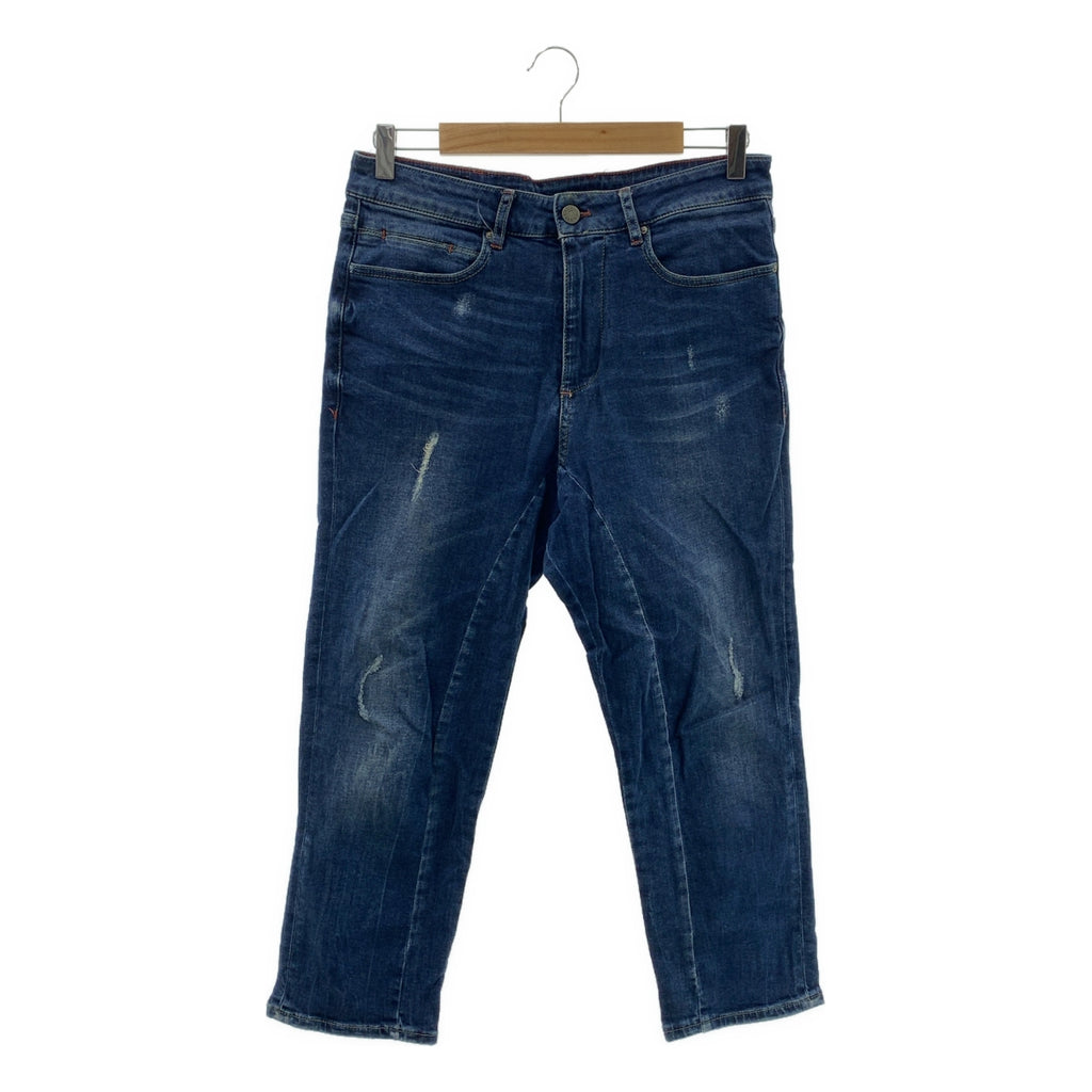 ARMANI EXCHANGE / アルマーニエクスチェンジ | ダメージ加工 ロゴレザーパッチ ストラッチ デニムパンツ | 29 | インディゴ | メンズ