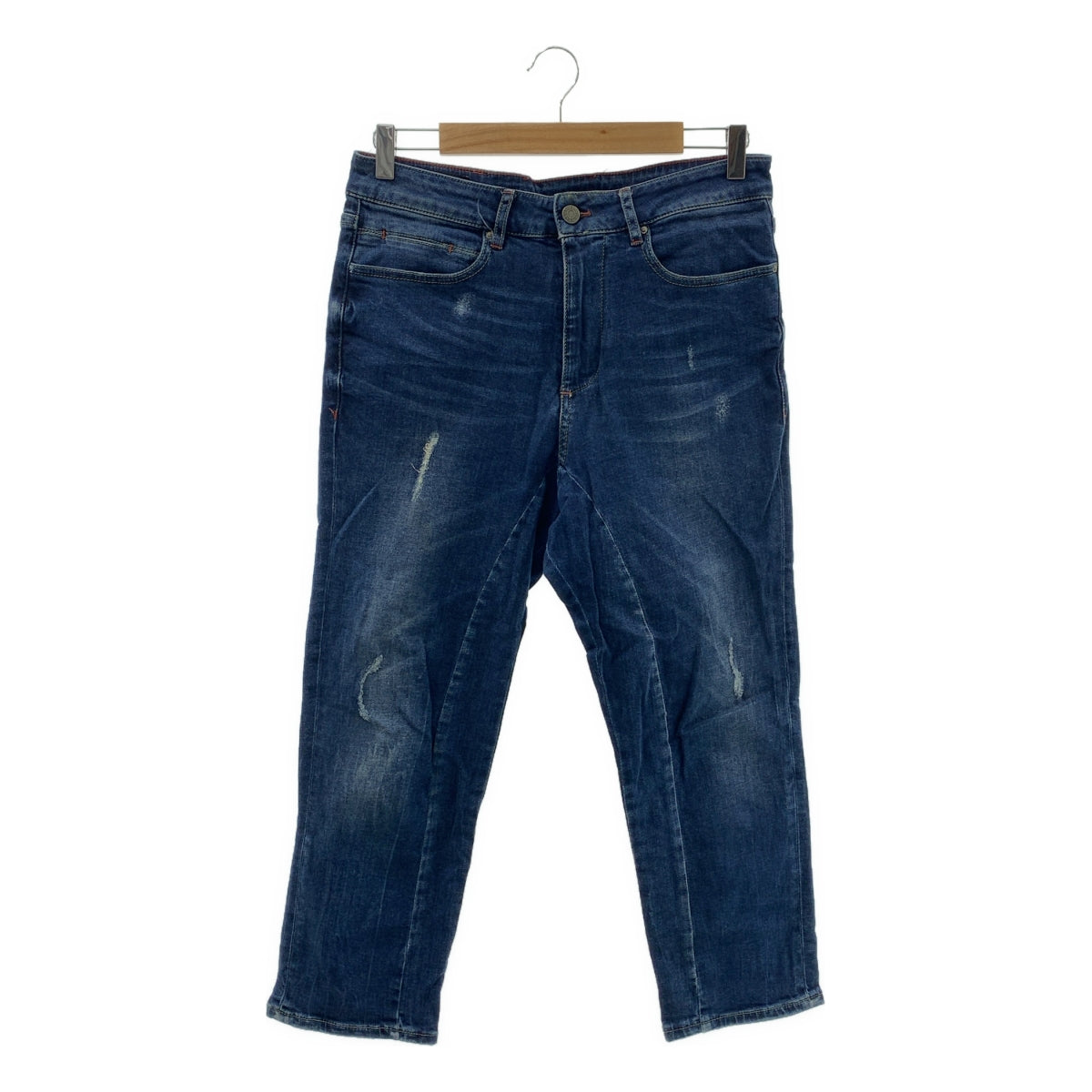 ARMANI EXCHANGE / アルマーニエクスチェンジ | ダメージ加工 ロゴレザーパッチ ストラッチ デニムパンツ | 29 | インディゴ | メンズ