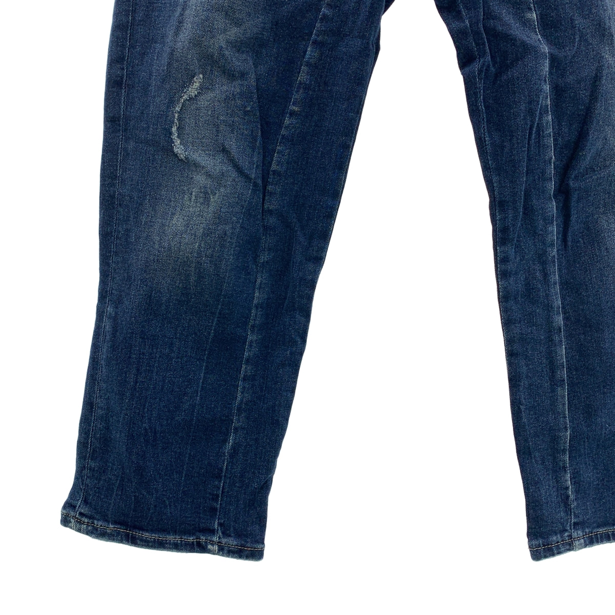 ARMANI EXCHANGE / アルマーニエクスチェンジ | ダメージ加工 ロゴレザーパッチ ストラッチ デニムパンツ | 29 | インディゴ | メンズ