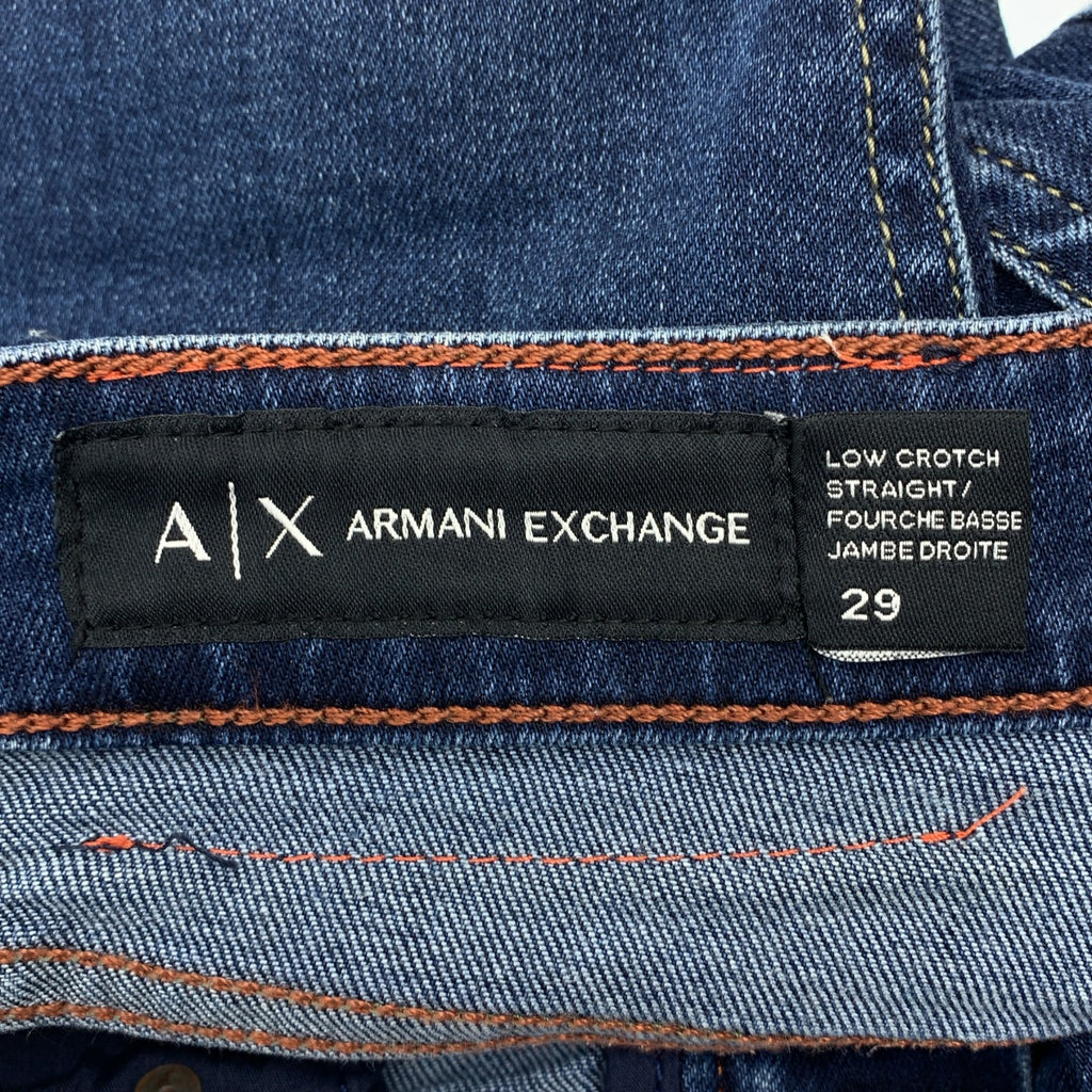 ARMANI EXCHANGE / アルマーニエクスチェンジ | ダメージ加工 ロゴレザーパッチ ストラッチ デニムパンツ | 29 | インディゴ | メンズ