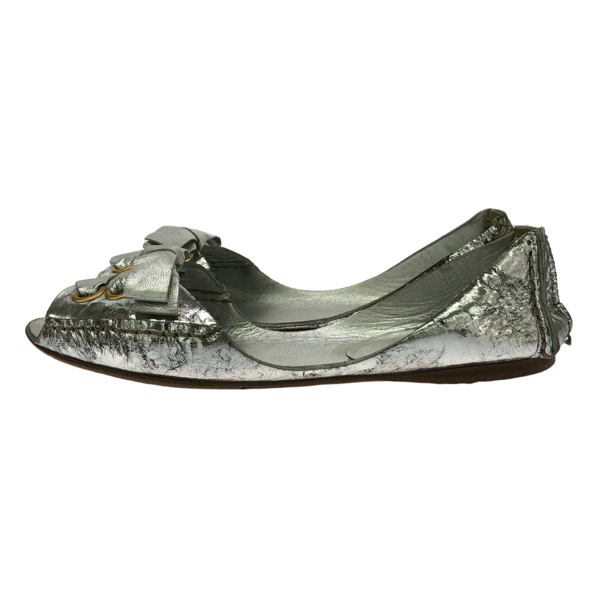 miu miu / Miu Miu | 皮革裂紋金屬蝴蝶結裝飾涼鞋 | 36 | 銀色 | 女款