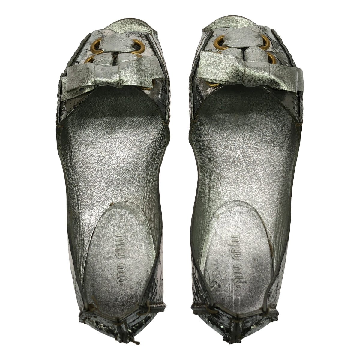 miu miu / Miu Miu | 皮革裂紋金屬蝴蝶結裝飾涼鞋 | 36 | 銀色 | 女款