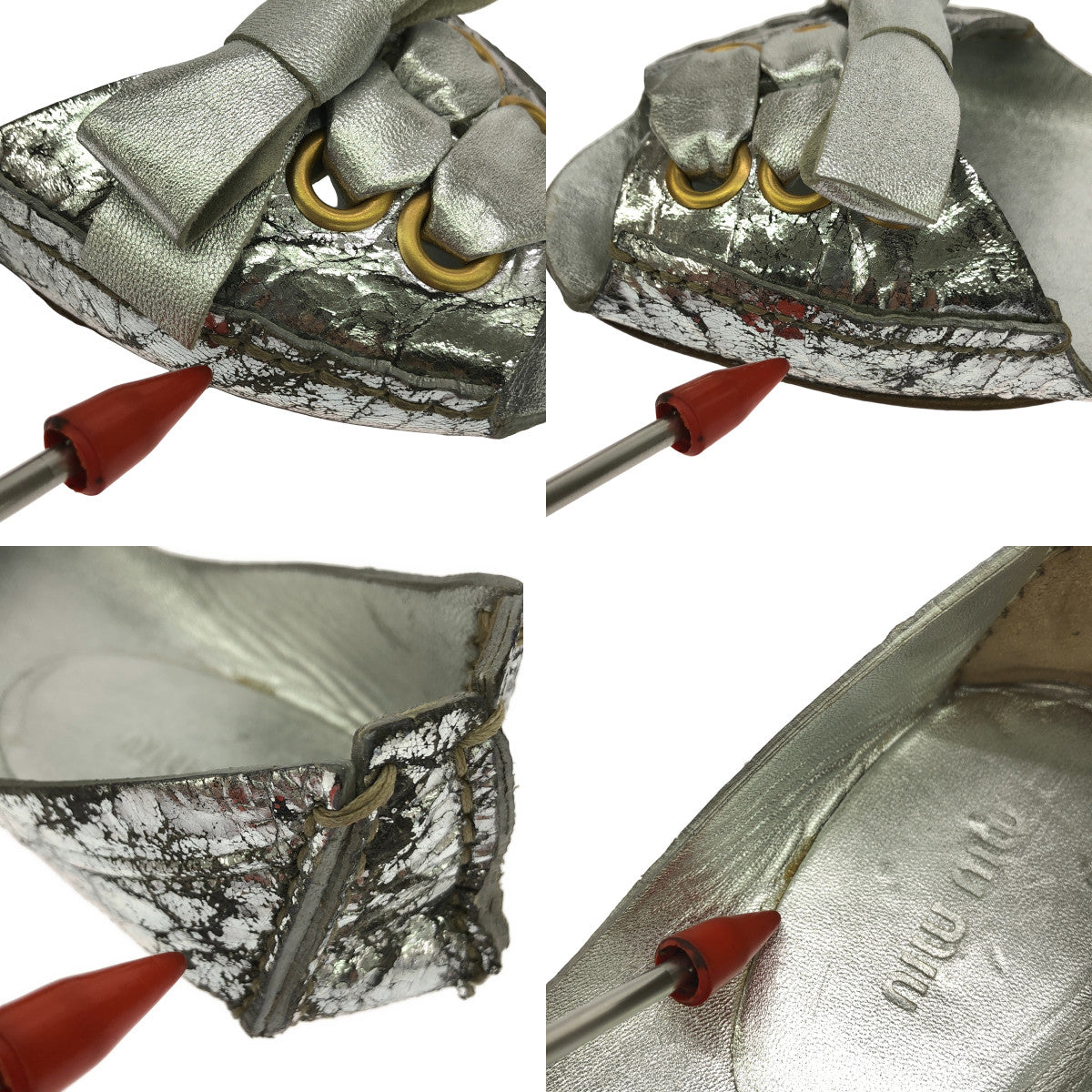 miu miu / ミュウミュウ | レザー クラック加工 メタリック リボン装飾  サンダル | 36 | シルバー | レディース