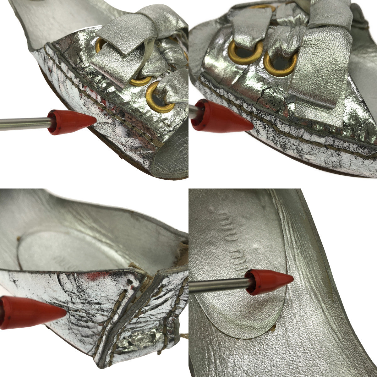 miu miu / ミュウミュウ | レザー クラック加工 メタリック リボン装飾  サンダル | 36 | シルバー | レディース