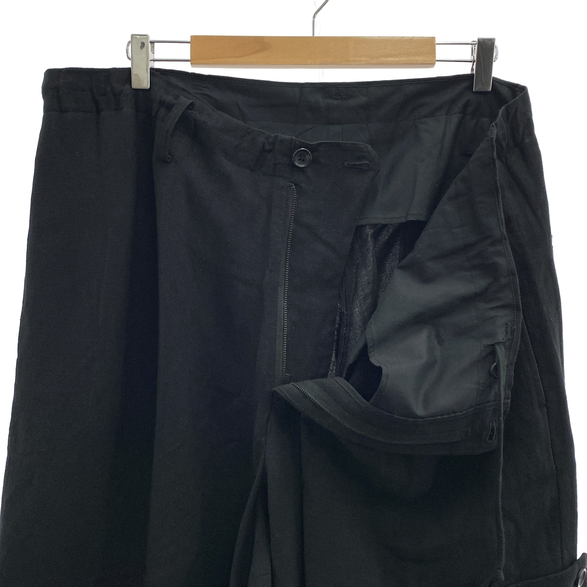 [狀況極佳] YOHJI YAMAMOTO POUR HOMME | 2024SS | Z-Deco 寬褲 | 亞麻與人造絲不對稱抽繩寬褲 | 尺寸 2 | 黑色 | 男款